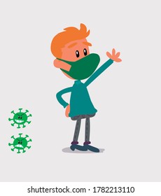  joven vestido casualmente con máscara y virus COVID explicando algo mientras señala