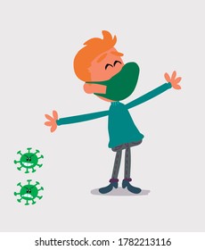  young man dressed casually with mask and virus COVID opening arms very happy