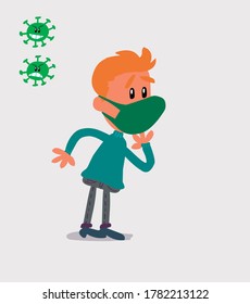  young man dressed casually with mask and virus COVID unpleasantly surprised