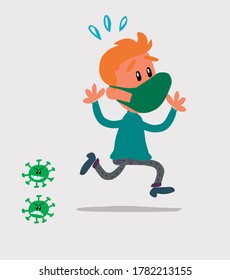  young man dressed casually with mask and virus COVID running scared