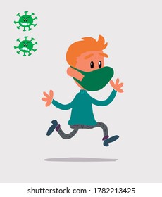  young man dressed casually with mask and virus COVID running happily