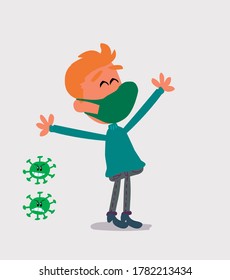  young man dressed casually with mask and virus COVID celebrating something with joy