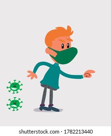 joven vestido casualmente con máscara y virus COVID señalando algo agresivamente