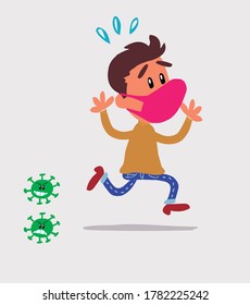  joven vestido casualmente con máscara y virus COVID corriendo asustado