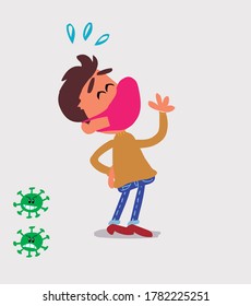  joven vestido casualmente con máscara y virus COVID riéndose alegremente