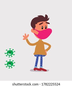  young man dressed casually with mask and virus COVID waving happily