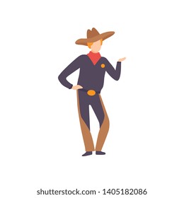 Young Man Dressed as Cowboy, Guy in Bright Festival Costume, Masquerade Ball, Carnival Party Design Element Vector Illustration