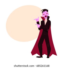 Young man dressed as dracula, vampire, Halloween party costume, cartoon vector illustration with space for text. Man dressed as dracula, vampire, black cape and fangs, Halloween party costume