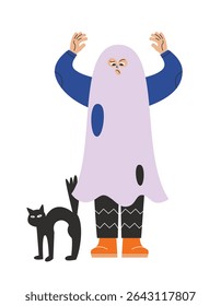 Young man dressed up as a ghost. Halloween character in linear flat style.