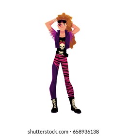 Young Man Dressed As Glam Rock Star, Wearing Leggings, Skull Tshirt, Vest And Boots, Cartoon Vector Illustration Isolated On White Background. Full Length Portrait Of Glam Rock Style Young Man