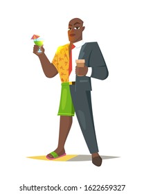 Young man dressed in half in an office suit and beach swimming trunks, concept design dreams of rest at work. Vector illustration