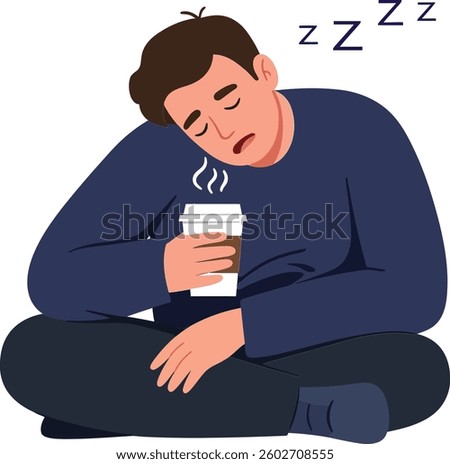 A young man dressed in a navy sweater sits cross-legged, holding a steaming coffee cup, eyes closed, conveying a sense of relaxation and tranquility in this flat vector illustration.