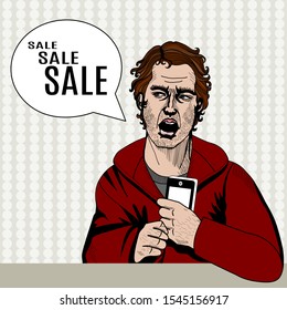 Young man dressed in a red jacket holds a communicator, PDA phone, or smartphone in his hand and screams sale, color vector illustration in valid comic and vintage