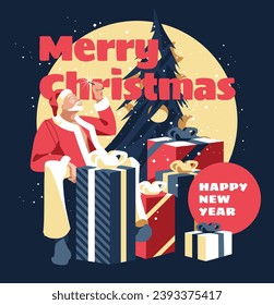 Joven vestido de Papá Noel abriendo o envolviendo regalos bajo el árbol de Navidad. Concepto de celebración de Año Nuevo. Tarjeta de felicitación. Ilustración plana del vector