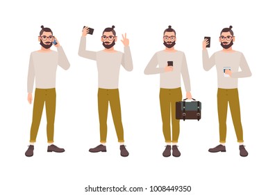 Young man dressed in stylish clothes with smartphone - texting, talking, taking selfie photo, reading message. Male cartoon character isolated on white background. Colorful flat vector illustration.