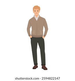 Young man dressed in a stylish yet casual outfit,standing confidently with his hands in his pockets. Flat vector illustration isolated on white background