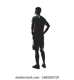 Young man dressed in t-shirt and shorts standing with hands on hips, back view. Flat design isolated vector illustration