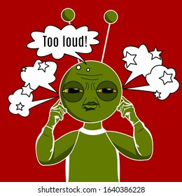 A young man dressed in a white shirt and red vest squinted his eyes, grins and steam comes out of his ears, inscription Too loud, vector illustration in comic style