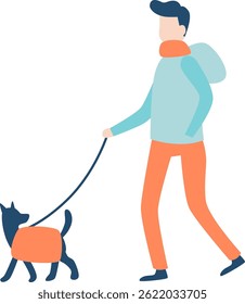 Young man dressed in winter attire, walking a dog in a stylish coat, enjoying a cheerful day outdoors. Simple flat vector illustration set against a white background