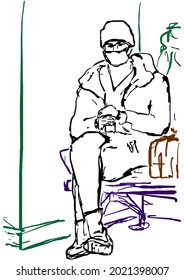 A young man dressed in winter clothes, with a hat on his head and a mask on his face, a waiting while sitting at the airport. Drawing a full figure, colored lines, vector