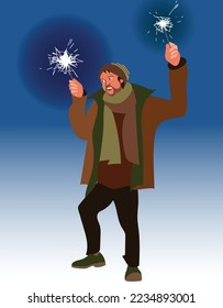 A young man dressed in winter clothes celebrates Christmas on the street. Bengal fire burns in hands.