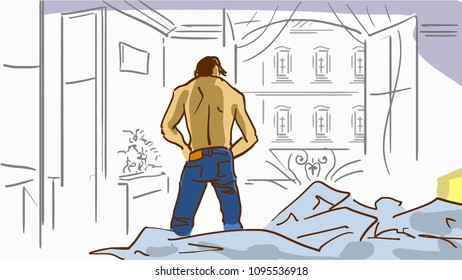 Young man dressing by the bed. Guy putting on his jeans standing back to the bed. Cartoon colorful vector sketch. 