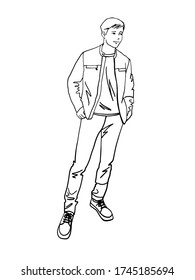 Young man, dressing in casual.style. Full-length figure of a man. Hand drawn sketch. Isolated. Vector illustration.