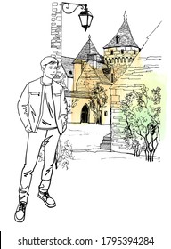 Young man, dressing in casual.style. Full-length figure of a man. Urban sketch background. Old France cityscape. Hand drawn sketch. Isolated. Vector illustration.