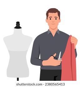 Young man dressmaker designer holding scissors and cloth looking at the camera. Flat vector illustration isolated on white background