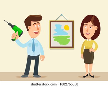 Un joven con un taladro en la mano ayudó a la mujer a colgar una foto en la pared. El maestro ayuda a la chica con las obras de la casa y las reparaciones. Ilustración vectorial, diseño plano, estilo de dibujos animados, aislado.