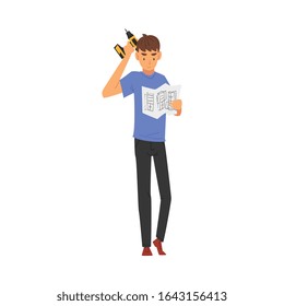 Young Man with Drill Reading Furniture Assembly Instructions Vector Illustration