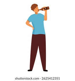 Young man drinking beer from bottle standing upright