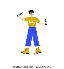 Young Man Drinking Beer, Drunk Guy in Casual Clothes Holding Two Bottles of Alcohol Drink Vector Illustration