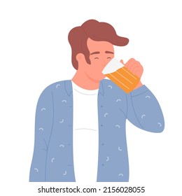 Young man drinking beer glass mug. Having fun with alcohol beverage vector illustration