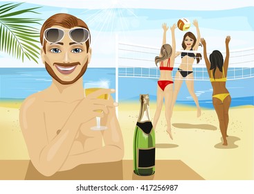 Young man drinking champagne in front of girls playing beach volleyball