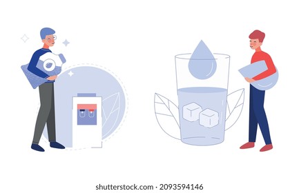 Young Man Drinking Clean and Pure Potable Water Quenching Thirst Vector Set
