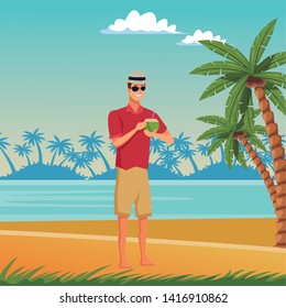 Young man drinking coconut cocktail in summer time in beach at sunny day scenery vector illustration