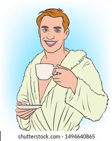 A young man drinking coffee.pop art  comic style illustration.Separate images and backgrounds