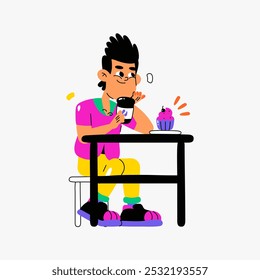 Hombre Joven Bebiendo Café Con Cupcake En Ilustración vectorial Plana Que Simboliza La Relajación, Pausas Para El Café Y Golosinas Dulces, Aislado Sobre Fondo Blanco