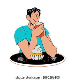 Young man drinking coffee and eating cupcake in cafeteria or coffeehouse. Man eating dessert and drinking in restaurant or pastry cafe, cartoon vector illustration isolated on white.