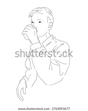 Young man drinking coffee from paper cup, hand-drawn sketch. Vector illustration. Guy on the street drinking coffee, drawing is isolated on a white background. Concept of street food, takeaway food