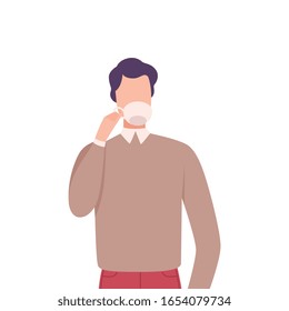 Young Man Drinking Coffee or Tea, Male Character Enjoying of Hot Drink Flat Vector Illustration