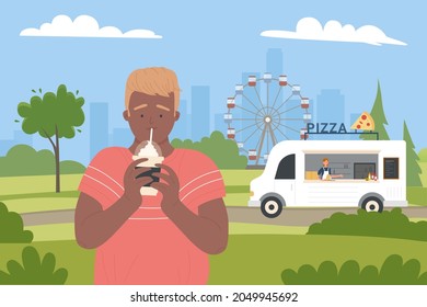 Young man drinking cold sweet drink in fair city park vector illustration. Cartoon festival summer fairground urban scenery with pizza fast food truck and people, funfair entertainment background