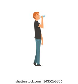 Young Man Drinking Fresh Clean Water from Plastic Bottle Vector Illustration