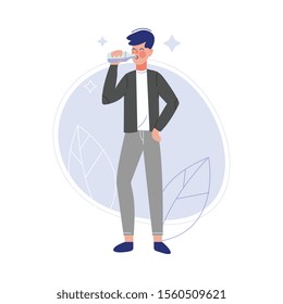 Young Man Drinking Fresh Clean Water from Bottle Vector Illustration