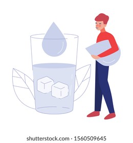 Young Man Drinking Fresh Clean Water from Big Glass to Keep Body Healthy Vector Illustration