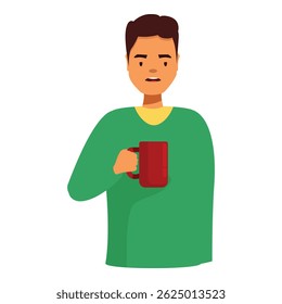 Young man drinking hot beverage from red mug and feeling disgusted