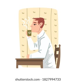 Young Man Drinking Hot Coffee in Morning, Businessman or Office Worker Daily Routine Cartoon Style Vector Illustration