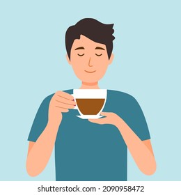 Young man drinking hot coffee in flat design.