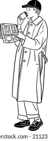 Young man drinking Hot coffee reading newspaper People lifestyle Hand drawn line art Illustration